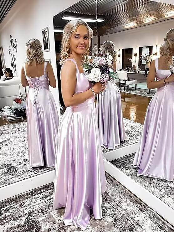 Floor Length Satin Bridesmaid Dresses 2025 Women's Square Neck Formal Gowns with Slit Evening Dress Long LL-M0684