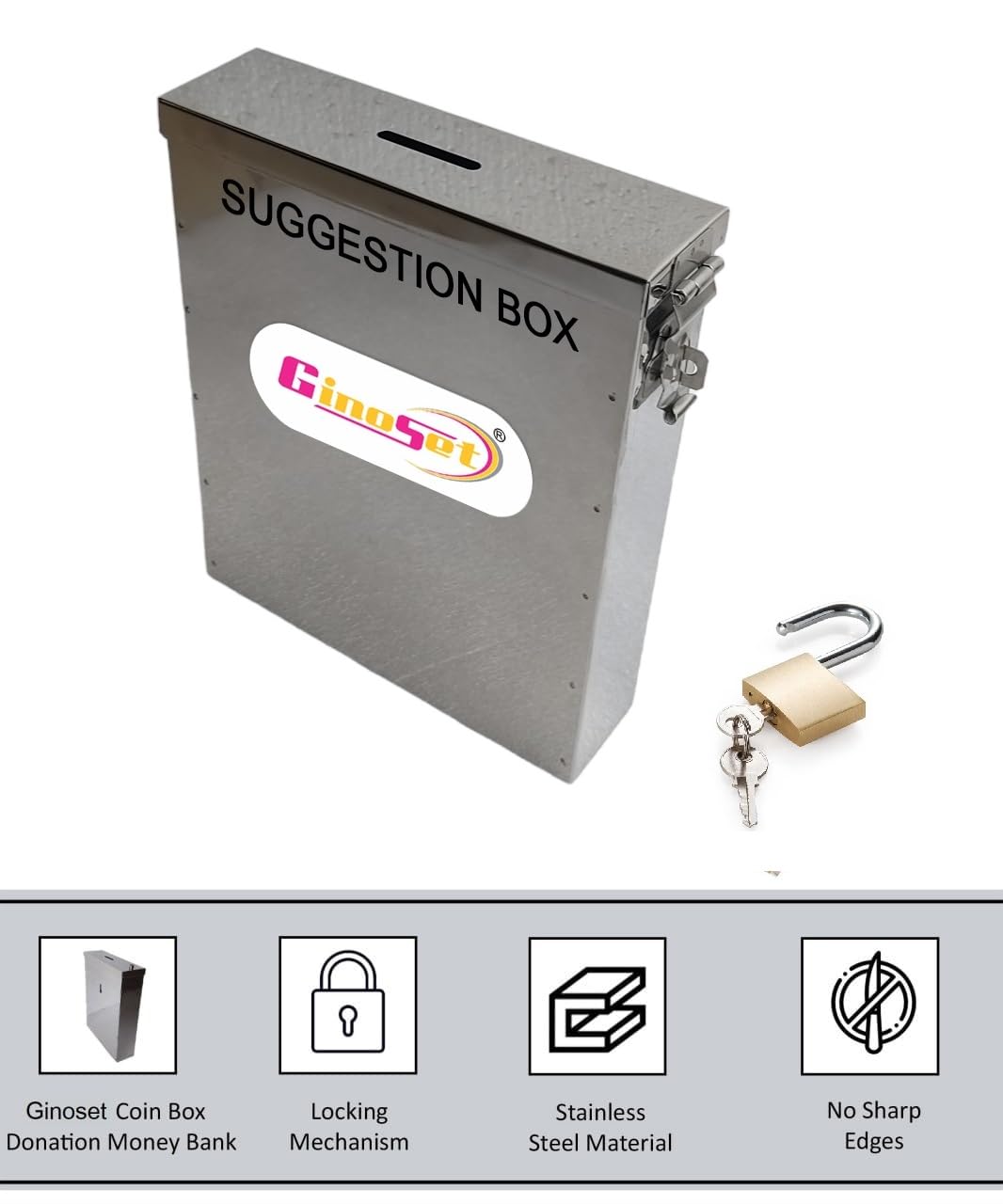 GinoSet® Coin Box/Piggy Bank/Gullak/Donation Box/Suggestion Box/Antique Coin Bank Box Stainless Steel Body Size- L-5.25 CM, W-18 CM, H-22 CM (Slim Key Lock) 4