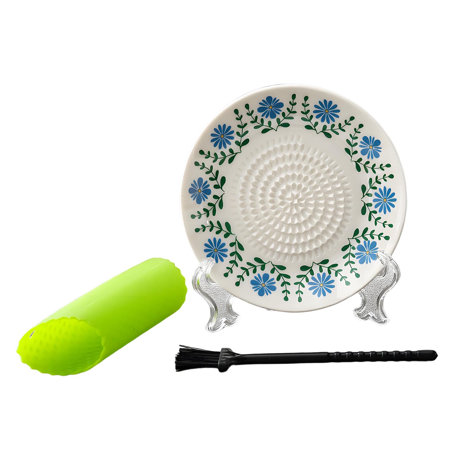 Whoasyst Multipurpose Ceramic Manual Grinder Plate Embossing Grater with Peeler and Brush for Garlic Gingers and Homemades Sauces Food Grade Ceramic Grater
