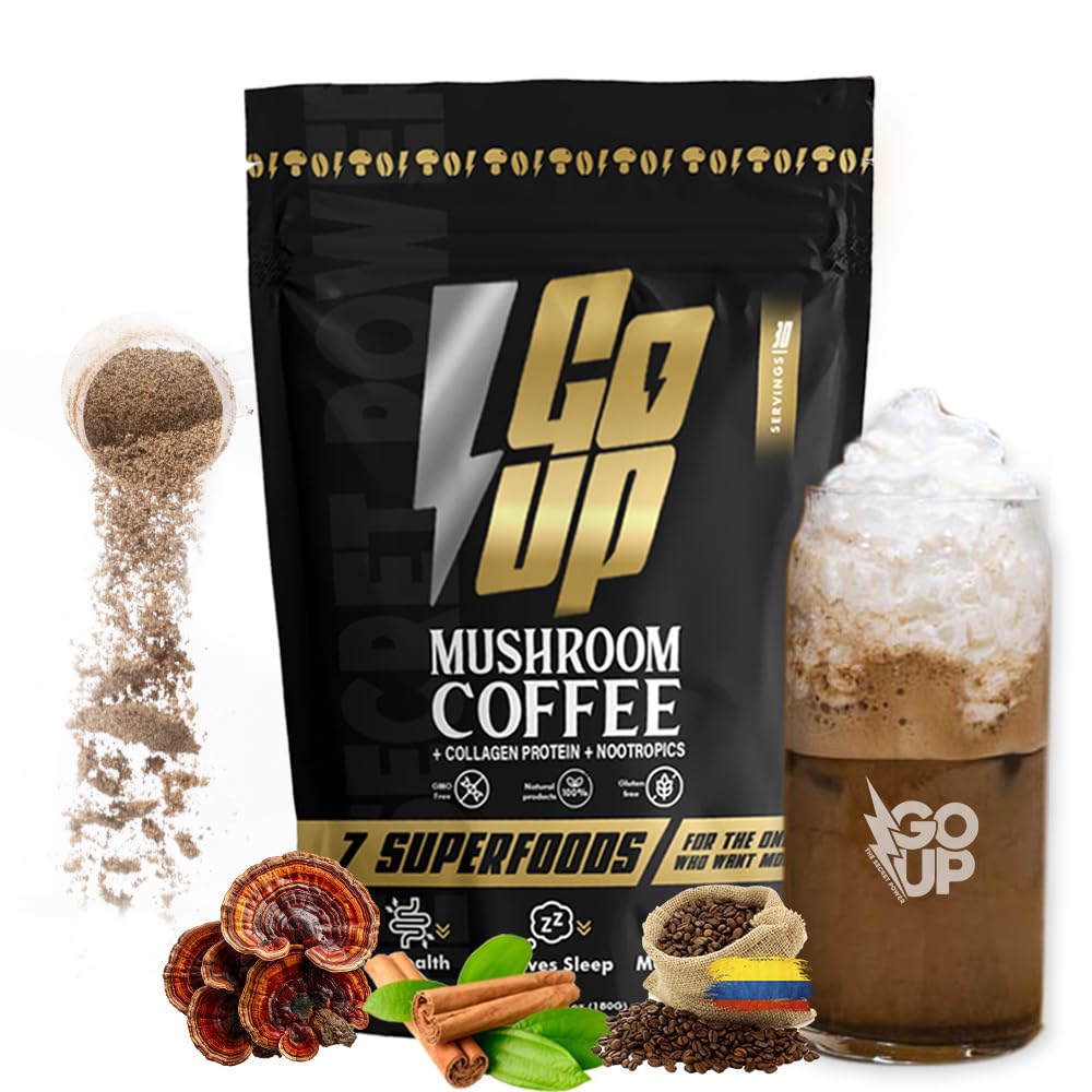 Go Up Mushroom Coffee, Instant Mushroom Coffee Mix with Reishi, L-Theanine, Collagen, Vitamins B6 & B12 – Adaptogenic Blend for Energy, Focus, and Digestive Health 30 Servings of Mushroom Coffee