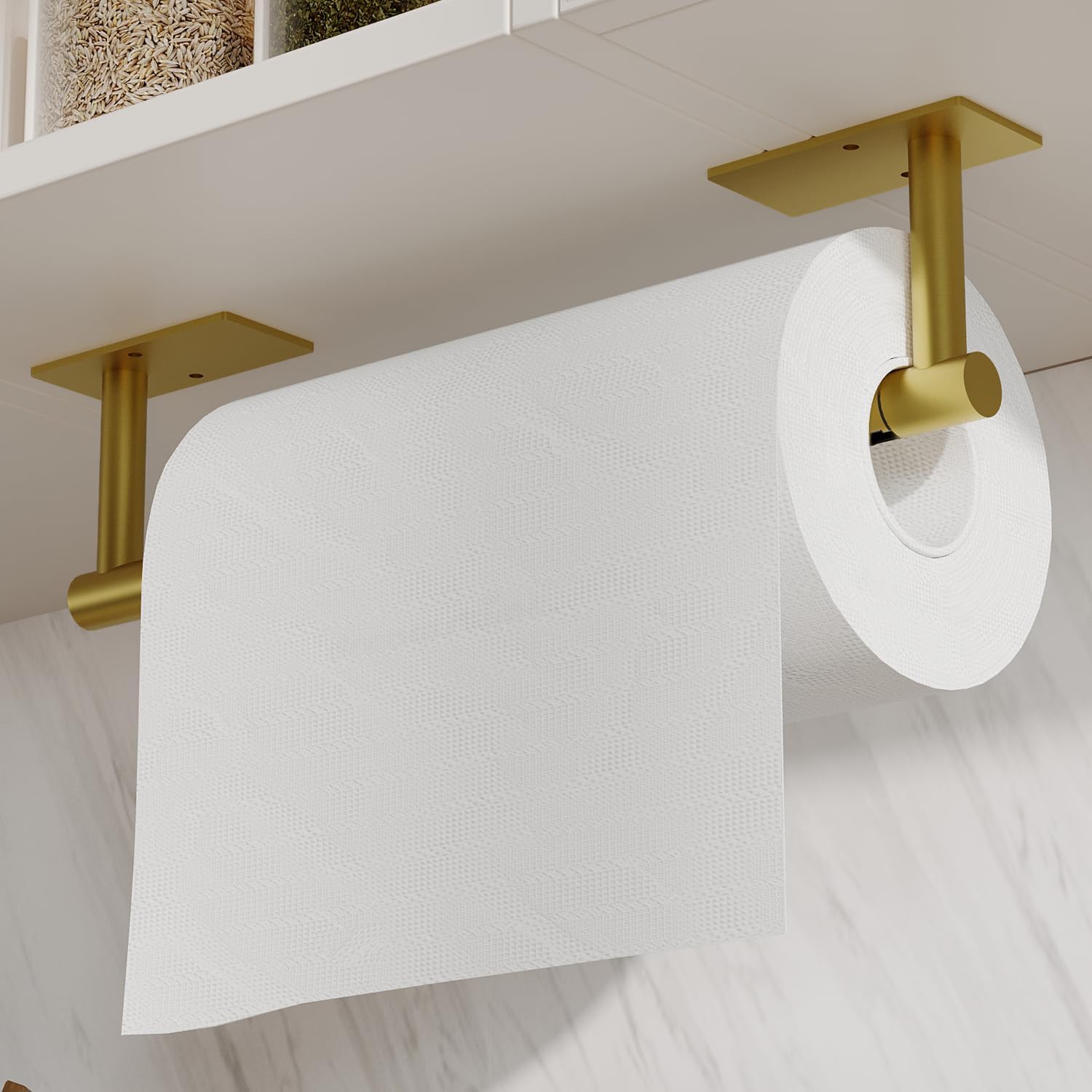 Portarrollos de cocina dorado para debajo del gabinete, autoadhesivo o montado en la pared, soporte giratorio de doble poste de acero inoxidable para rollo de cocina (base cuadrada)