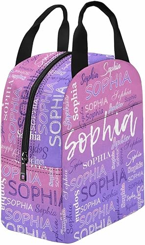Miniatura 3 de InterestPrint Bolsa de almuerzo personalizada con nombre para niños, bolso de picnic con cremallera con monograma morado degradado, bolsa de picnic