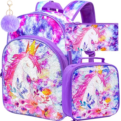 Image of CCJPX 3PCS Girls Backpack, 16 inch Kids Unicorn Sequin Bookbag and Lunch Box for Kindergarten Elementary