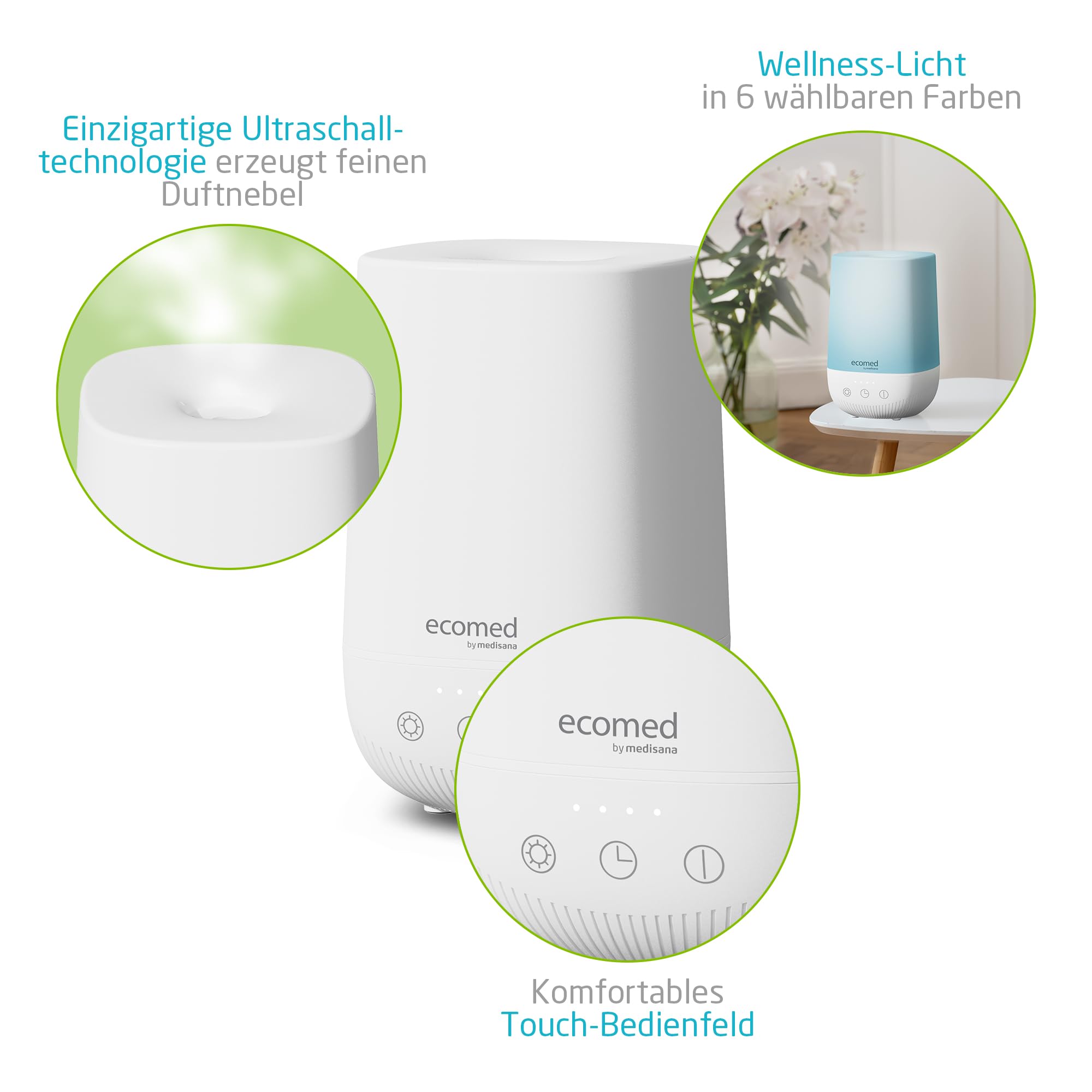 ecomed by medisana AD-50E - Difusor de aroma, luz de bienestar, tecnología ultrasónica, bajo ruido y ahorro de energía, depósito de 200 ml