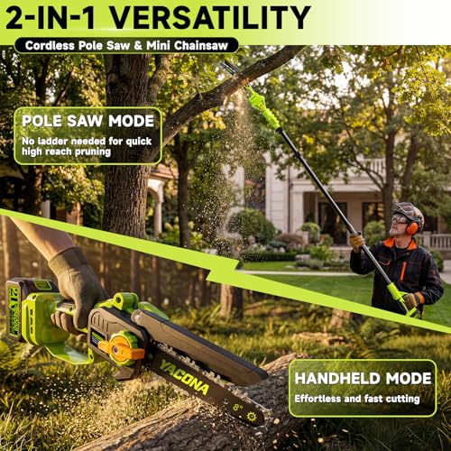 Image of 8 inch Cordless Pole Saw & Mini Chainsaw, Brushless Pole Saws For Tree Trimming with 360 Extension Pole, 16FT Max Reach & 2x Battery, Tool-Free Chain Tensioning, Electric Chainsaw for Branch Cutting