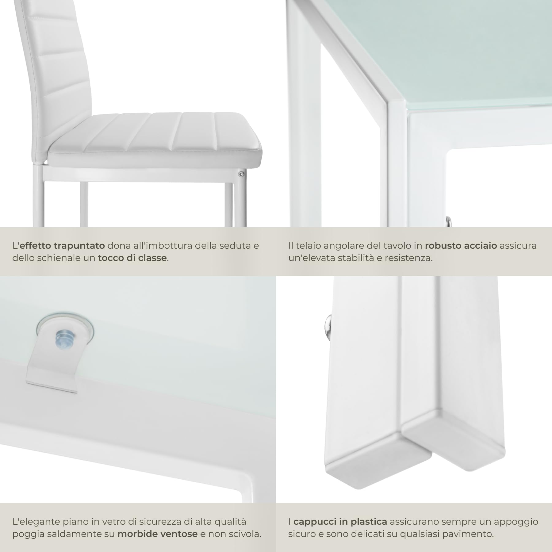 TecTake® Set di Mobili per Sala da Pranzo, 6 Sedie in Similpelle Resistente, Tavolo con Piano in Vetro, Design Moderno, Piedini SalvaPavimento, Ideale per Cucina e Soggiorno - Bianco