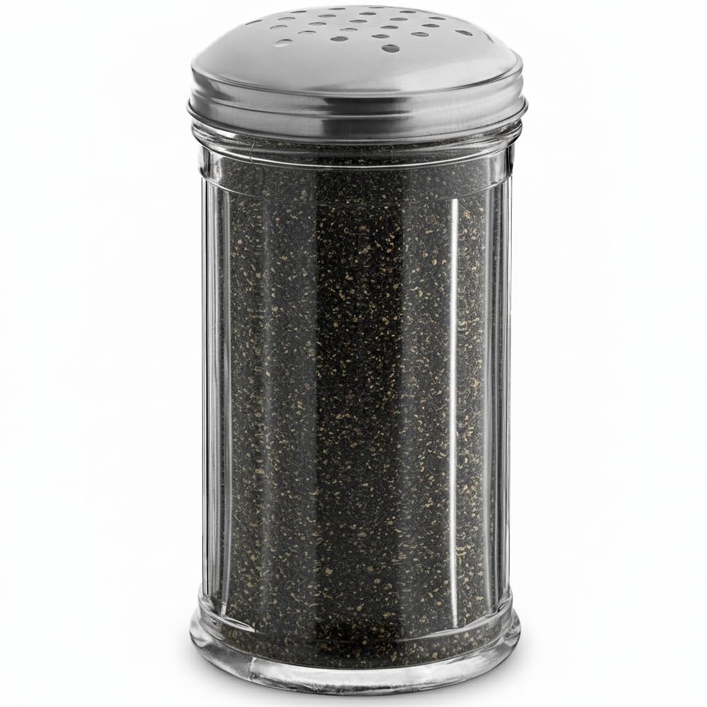 Juego de 36 cocteleras de plástico para queso parmesano de 12 onzas, con tapa de acero inoxidable con agujeros medianos, dispensador de azúcar y especias de plástico transparente (360 ml)