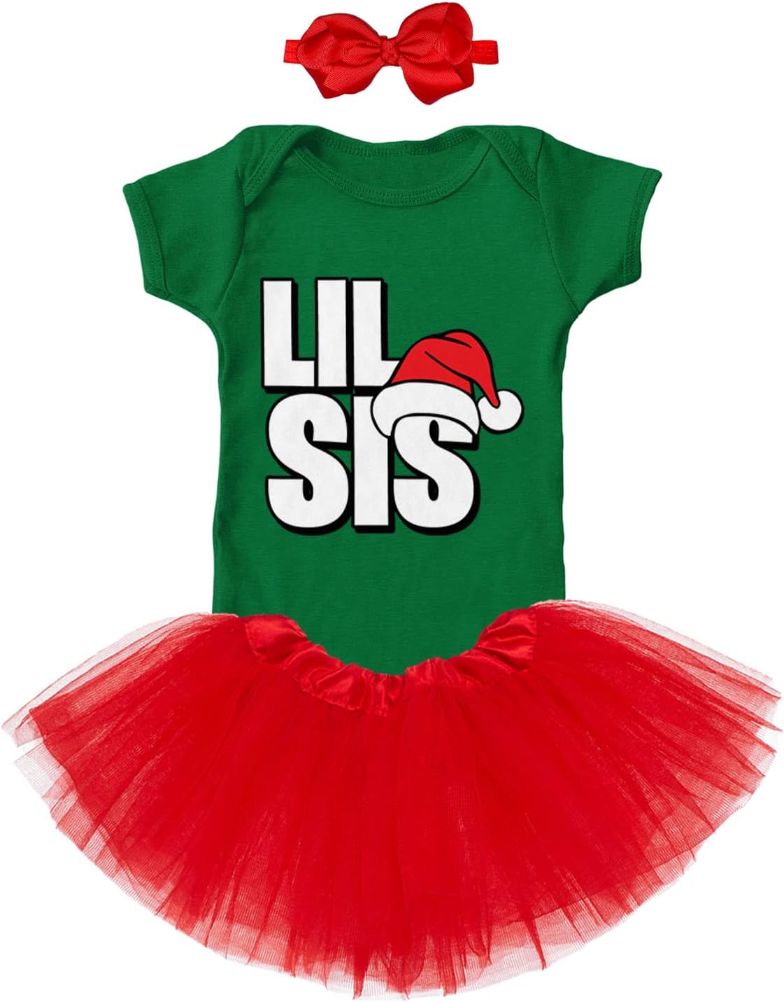 Lil Sis - Santa Claus Hat Christmas Little Sister Baby Bodysuit + Tutu Skirt + Bow Headband Set