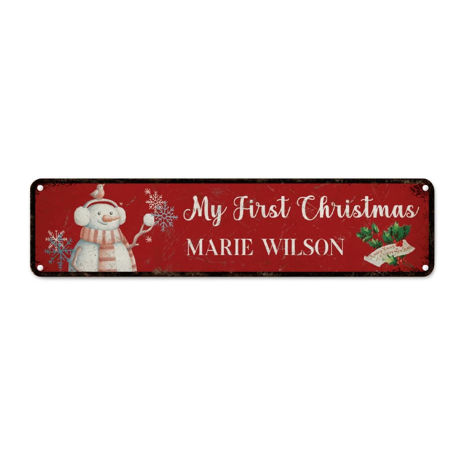 Panneau mural en métal My First Christmas décor vintage bonhomme de neige 61x15cm