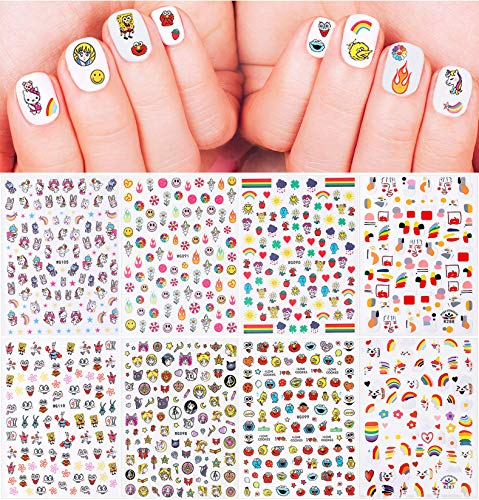 Cute Graffiti Nail Art Stickers 3D Self-Adhesive Nail Decals Nail Art Supplies Rainbow Unicorn Flower Emoji Smiley Cartoon Nail Stickers for Little Girls Women Kids Manicure Tips (8 Sheets)