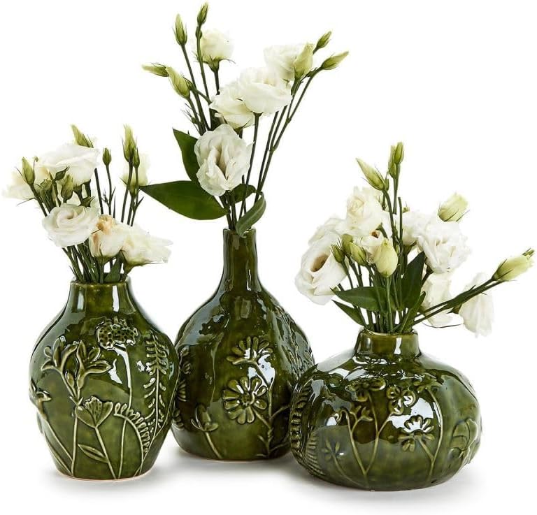 Two's Company Floral Scape Set of 3 Relief Pattern Vase - Ceramic