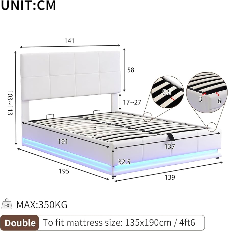 Amazon｜LED照明付きオットマンリフト収納ベッド、4フィート6