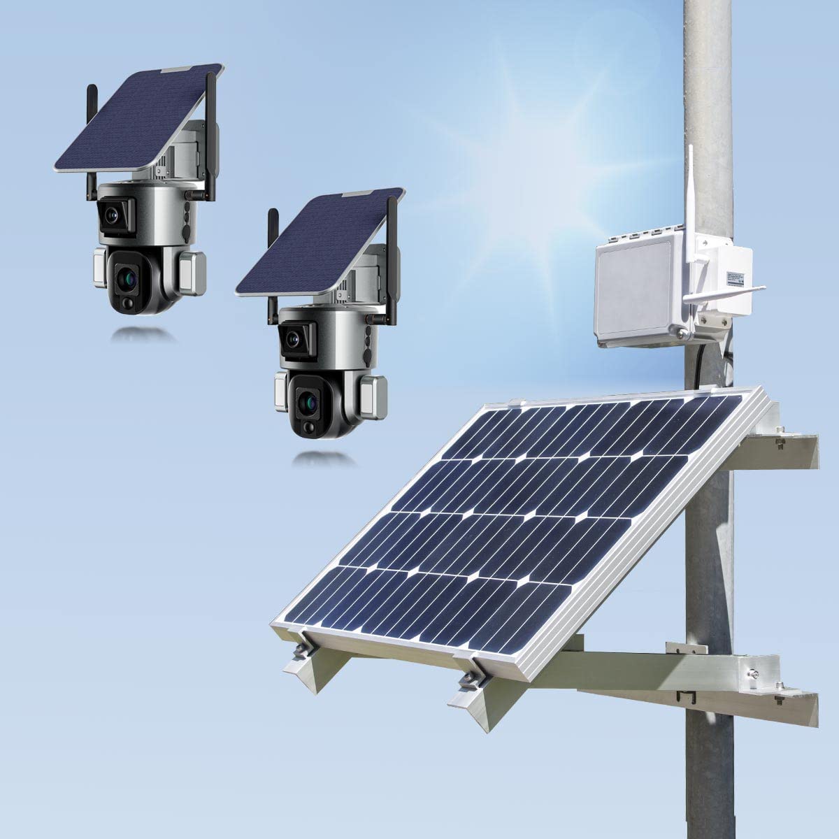 Kit vidéosurveillance Solaire 3G/4G Autonome 4K, caméras WiFi, Zoom X20, détection de Mouvement, Alarme et sirène, microSD 128 Go.
