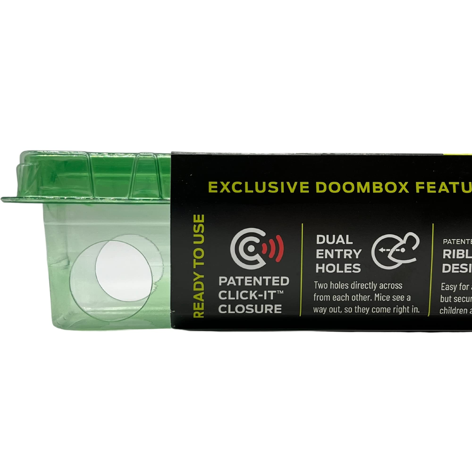 DoomBox™ Trampa cerrada para ratones verde, mantiene el desorden con el ratón, tecnología patentada de cierre Click-It™, segura para niños y mascotas, certificada a prueba de niños, fabricada en