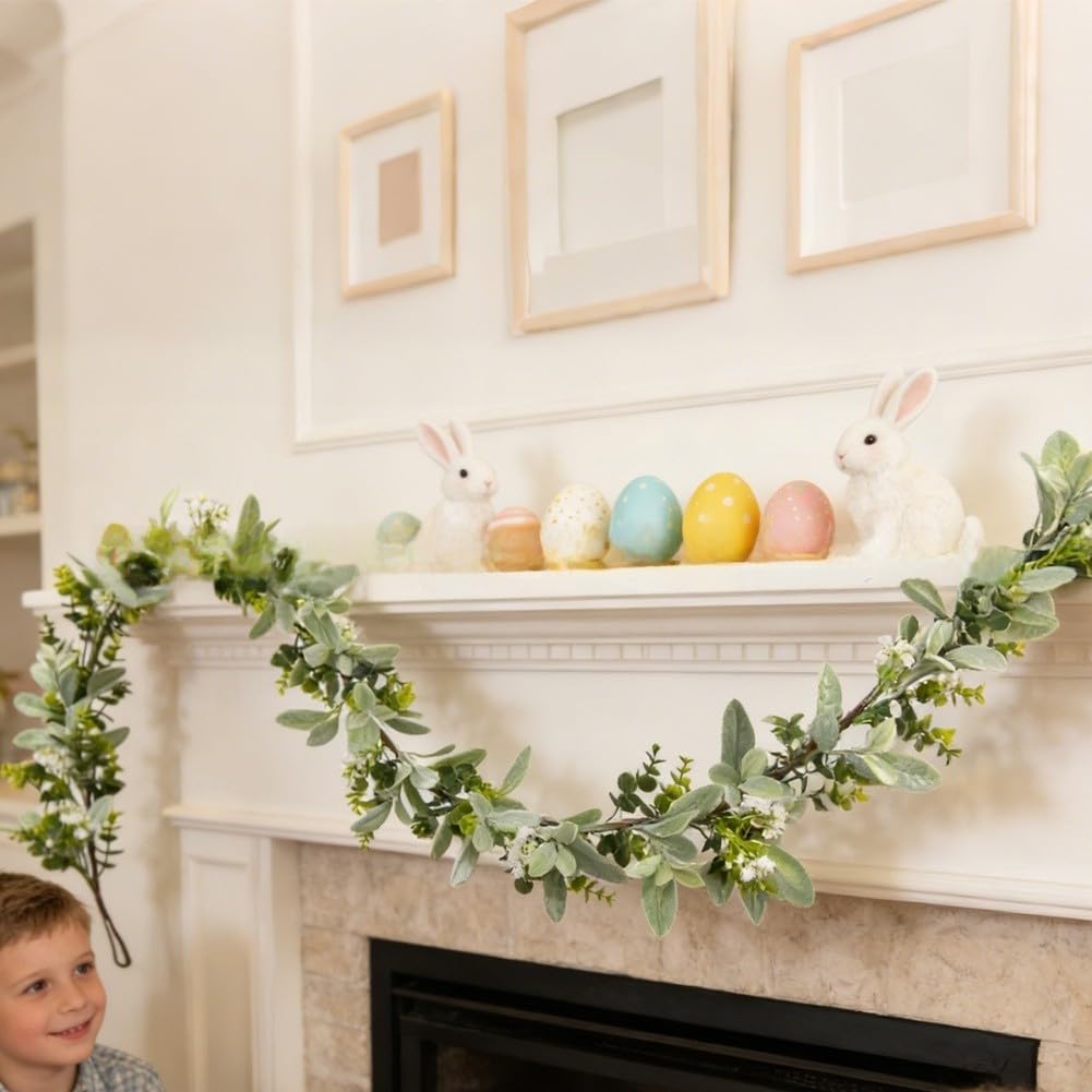 EasyByMall Ghirlanda artificiale di eucalipto con orecchie di coniglio, 180 cm, realistica, ghirlanda di fiori finti per decorazioni pasquali e feste di nozze