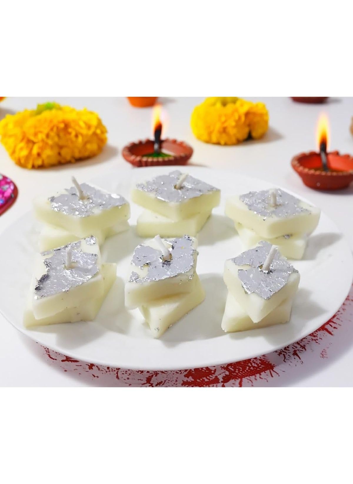 Candle Charm Decorative Kaju Katli Shaped Scented Candles with Silver Foil, Traditional Indian Sweet Design (Pack of 4), 100% Soy Wax-image-36
