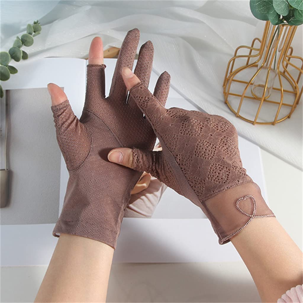 Gloves Women's Thin Ice Silk Lace Driving and Cycling Touch Screen Outdoor Exposed Two Fingers Spring