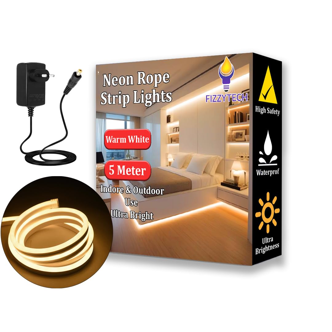 fizzytech LED Neon Light 12 Volt Adaptor 5 Meter Neon Light Flat Silicone Neon Rope Light Flexible Cuttable String, IP65 Waterproof Neon LED Strips Lights of Home Decoration (Neon Warm White) (B0DDTBPHKT) Amazon Price History, Amazon Price Tracker