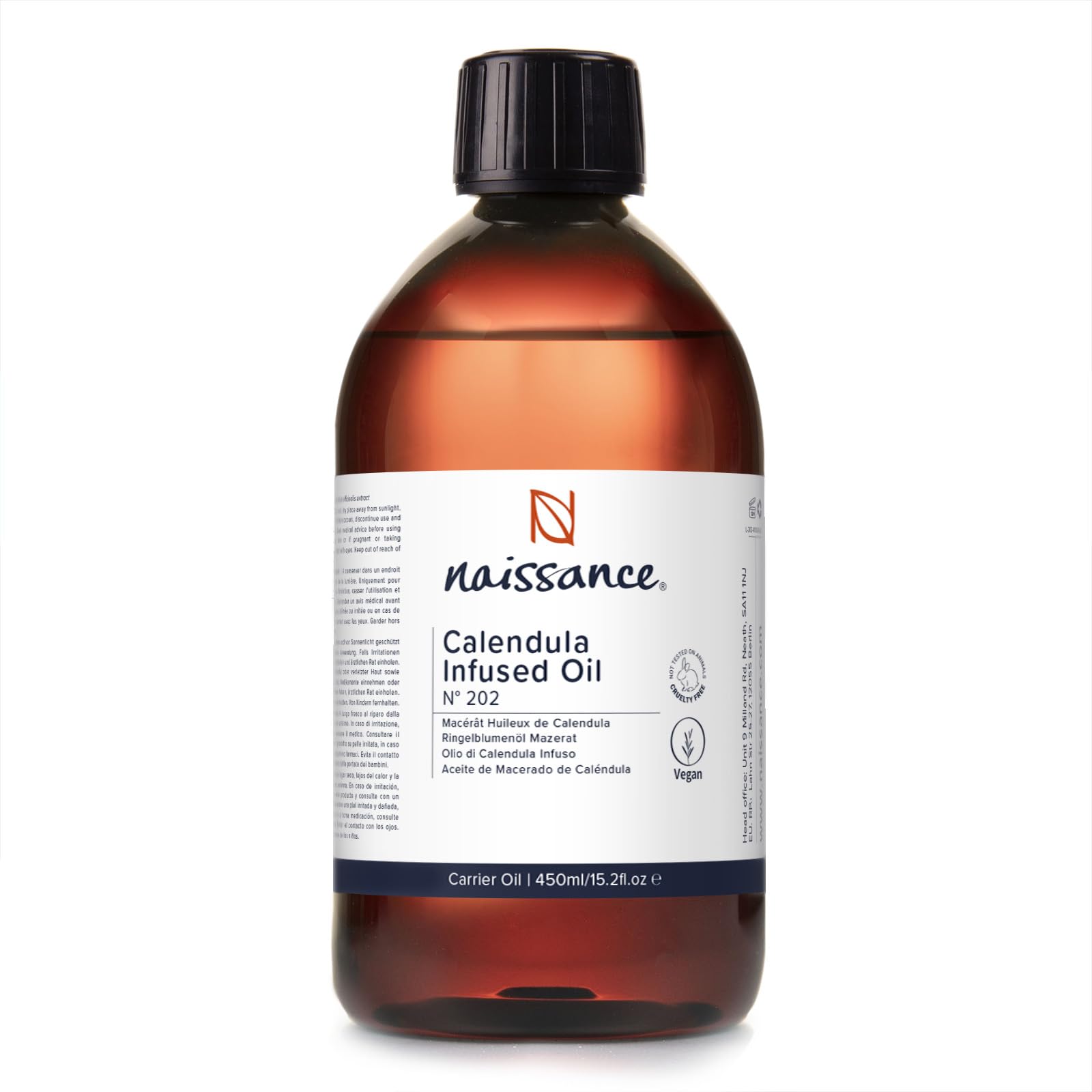 Naissance Calendula Infused Oil (No. 202) - 450ml - for Skin Hands, Feet, Nails, Hair, Yellow, 450 ml (Pack of 1)