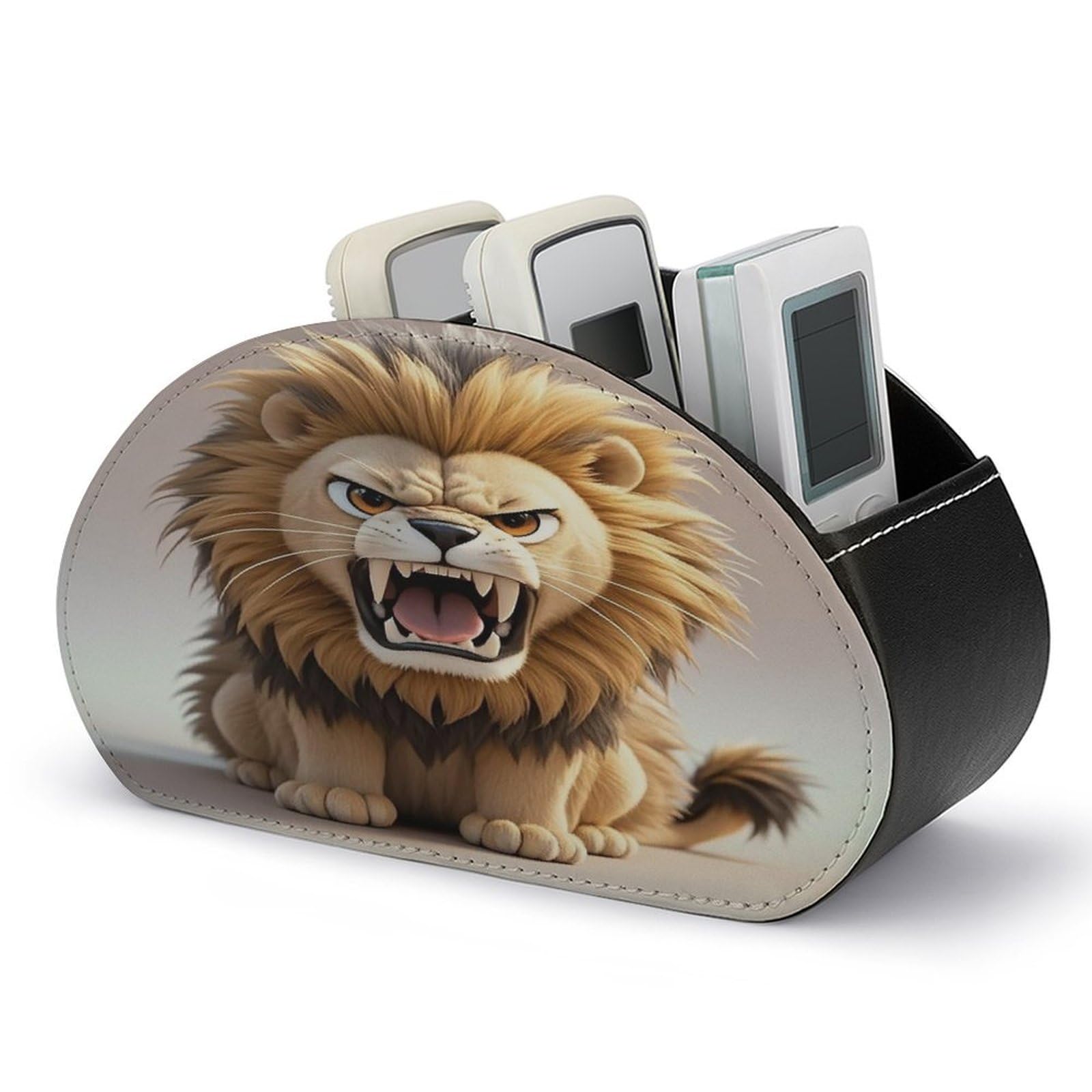 FekiLoot Leather TV Remote Control Holder with 5 Compartments Multifunctional TV Remote Holder Bedside Table Remote Caddy Storage Box Lion Remote Organizer for Home Office