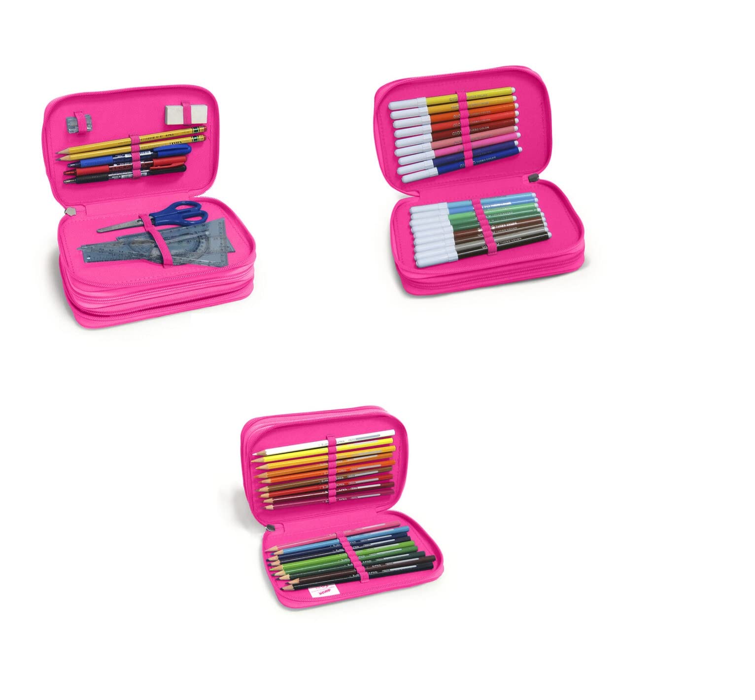 FCP ZAINO SCUOLA Dimensione Danza tondo organizzato 3 scomparti zip + Astuccio 3 piani completo + Omaggio 7 Penne Scatto cancellabili + Penna Luminosa LED e portachiave Paillettes