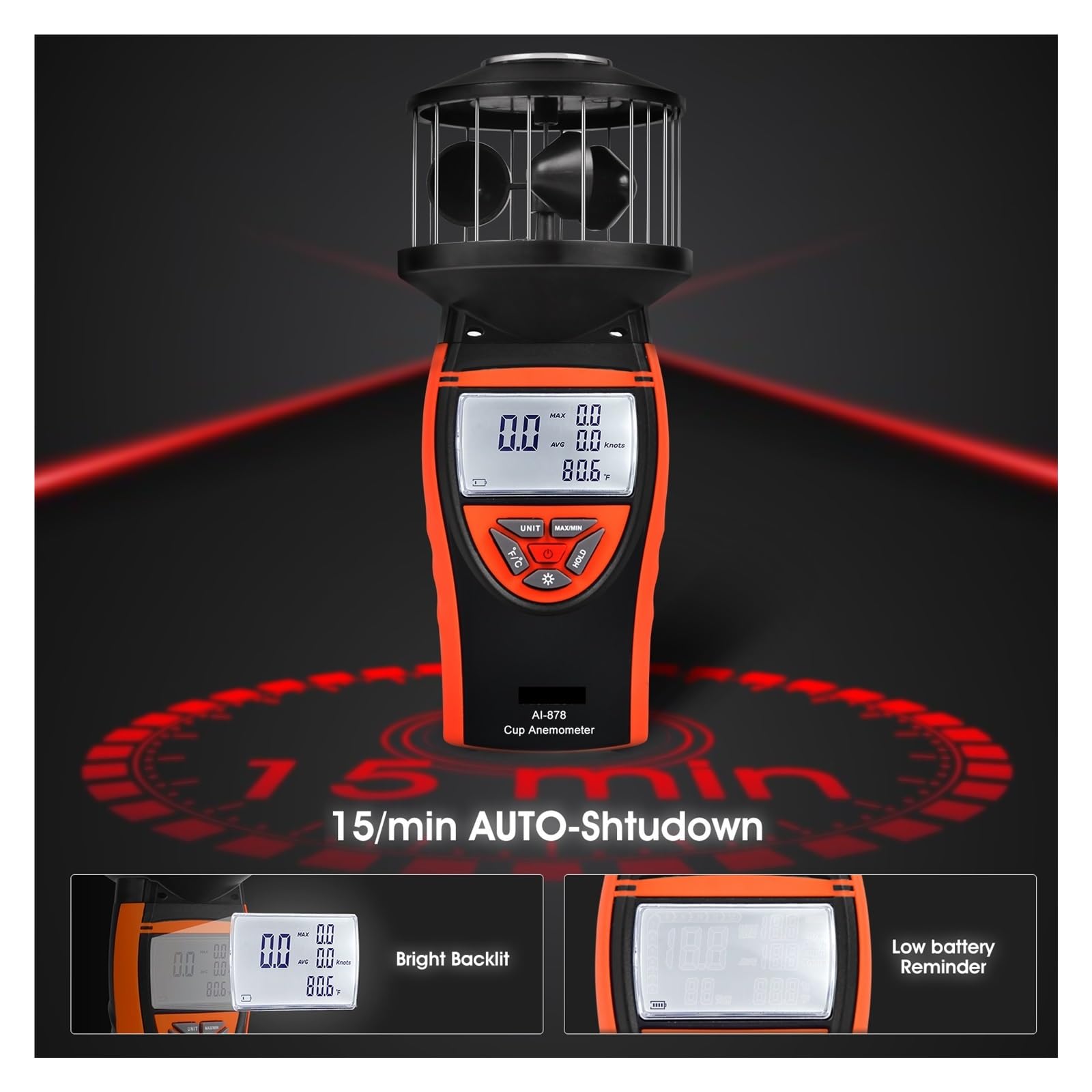 Anemometro, Anemómetro de copa de viento, medidor de velocidad del viento de alta precisión que mide la velocidad y la temperatura del viento.
