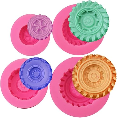 Cestony 4 moldes de silicona redondos 3D para ruedas de camión para manualidades, pasteles, fondant, galletas, jabón, azúcar, pudín, chocolate,