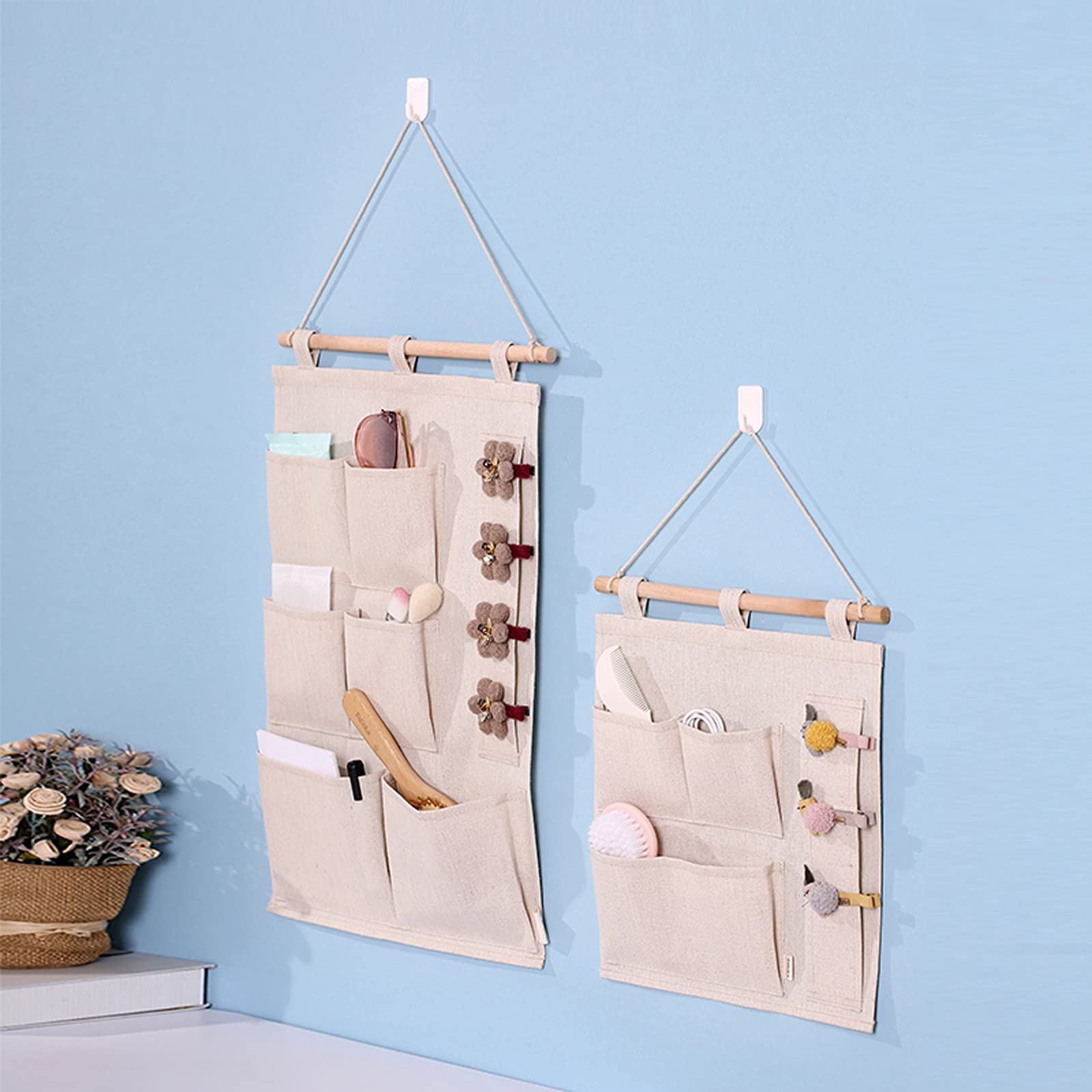 Beige Aufbewahrungstasche zur Wandmontage, Aufbewahrungstasche aus Baumwoll-Leinen-Stoff, Faltbare Aufbewahrungstasche zum Aufhängen an der Türwand mit 6 Taschen (Stil: 6 Taschen) (3 Taschen)