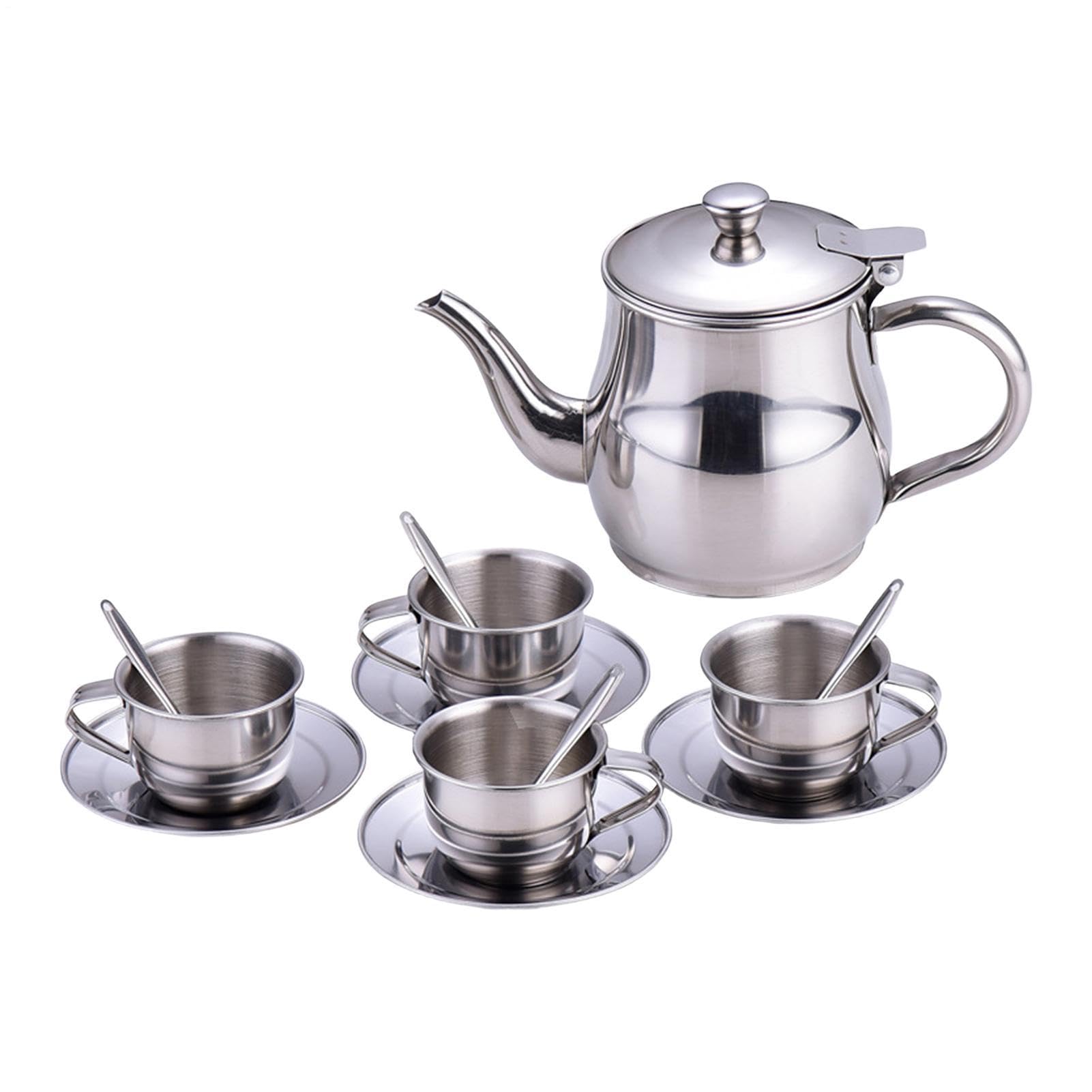 Children Stainless Steel Tea Set, Mini Tea Party Set With Long Spout Teapot And 4 Cups, Role Play Pouring Practice Toy For Girls , Suitable For Home Nursery Classroom Daycare Play