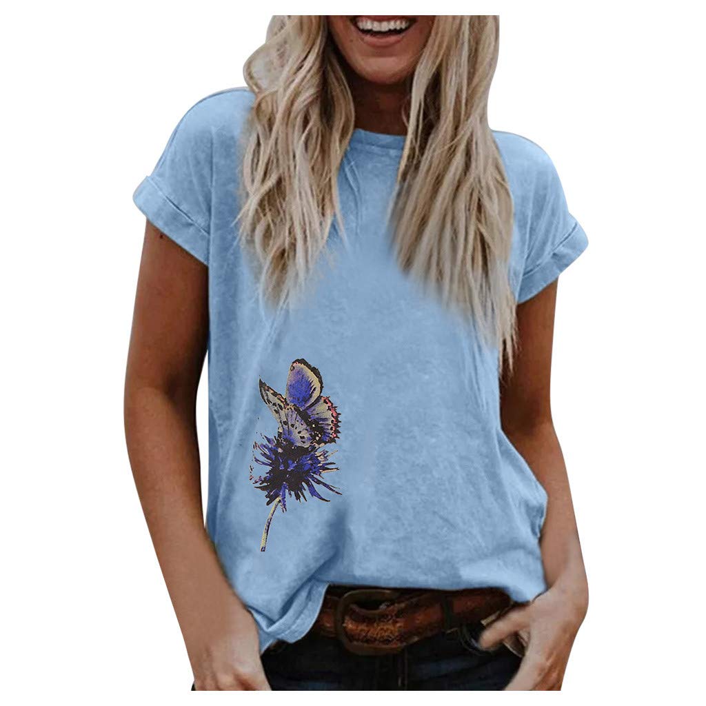 KEYEE Butterfly Print Shirts for Women Colourful Graphic T Shirts Summer Blouse Casual Tops Loose Fit Graphic Tees Blue