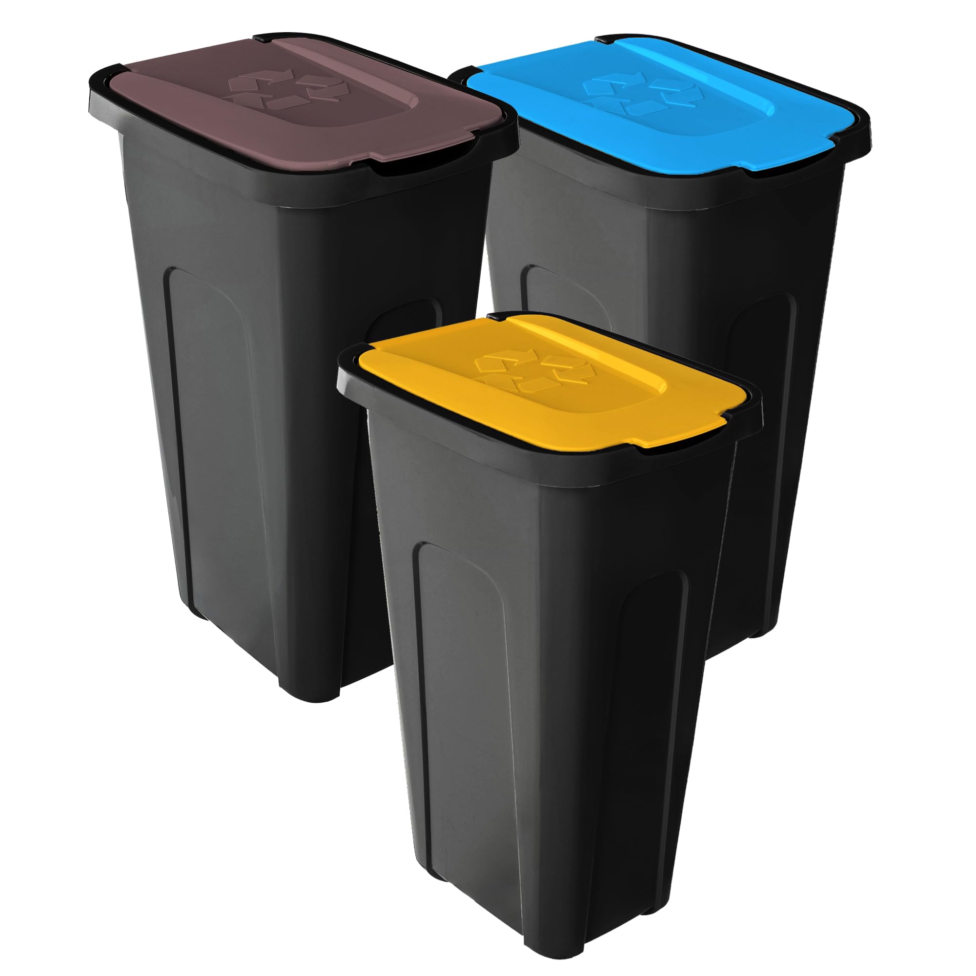KADAX Juego de cubos de basura de 3 x 30 l, juego de cubos de basura para sistema de reciclaje, cubo de basura de plástico con tapa abatible (3, marrón, amarillo y azul)