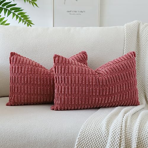 JOTOM Set of 2 Corduroy Soft Striped Cushion Covers 30x50 cm Boho Decorative Throw Pillow Covers Lumbar Cushion Case Couch Home Decor Pillowcases for Sofa Bedroom 12x20 Inch (Cranberry Red)
