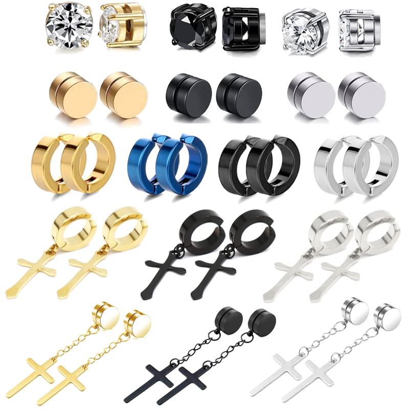 16 Pairs Magnetic Earrings for Men Women 316L Stainless Steel Dangle Hoop Earring Magnet Earrings Clip On Non Pierced Earrings CZ Earring Set