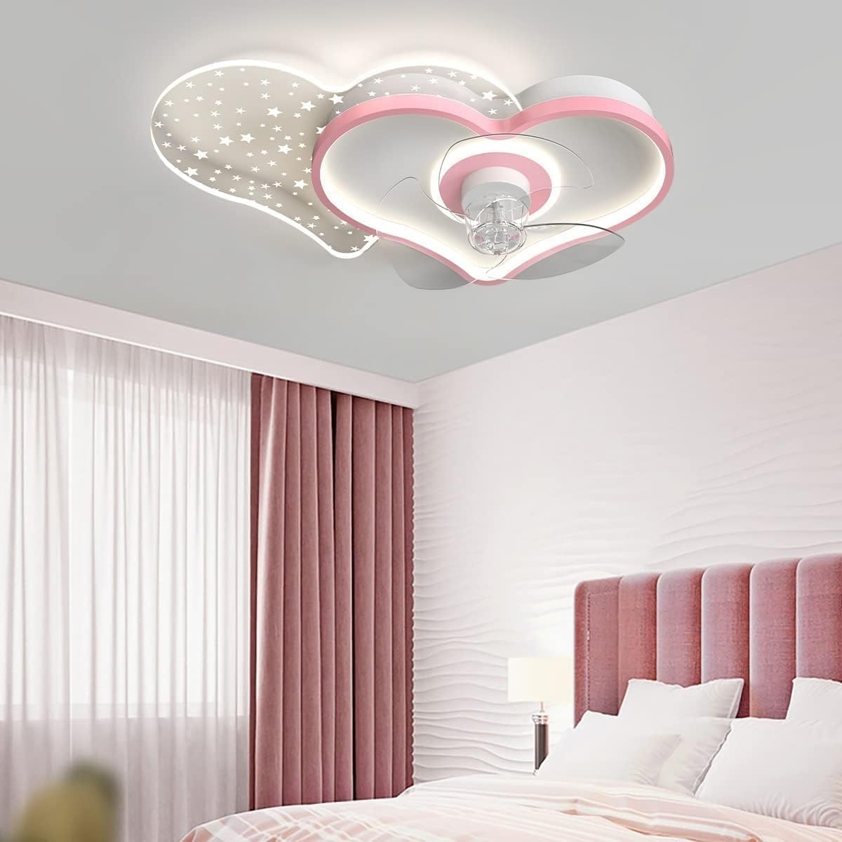 37W Modern LED Pink Fan Light Nordic Cartoon Heart Shape Lighting Kids Ceiling Fan Lamp Bedroom Dining Room Mute DC Ceiling Fan with Remote Dimmable Reversible 6 Speed