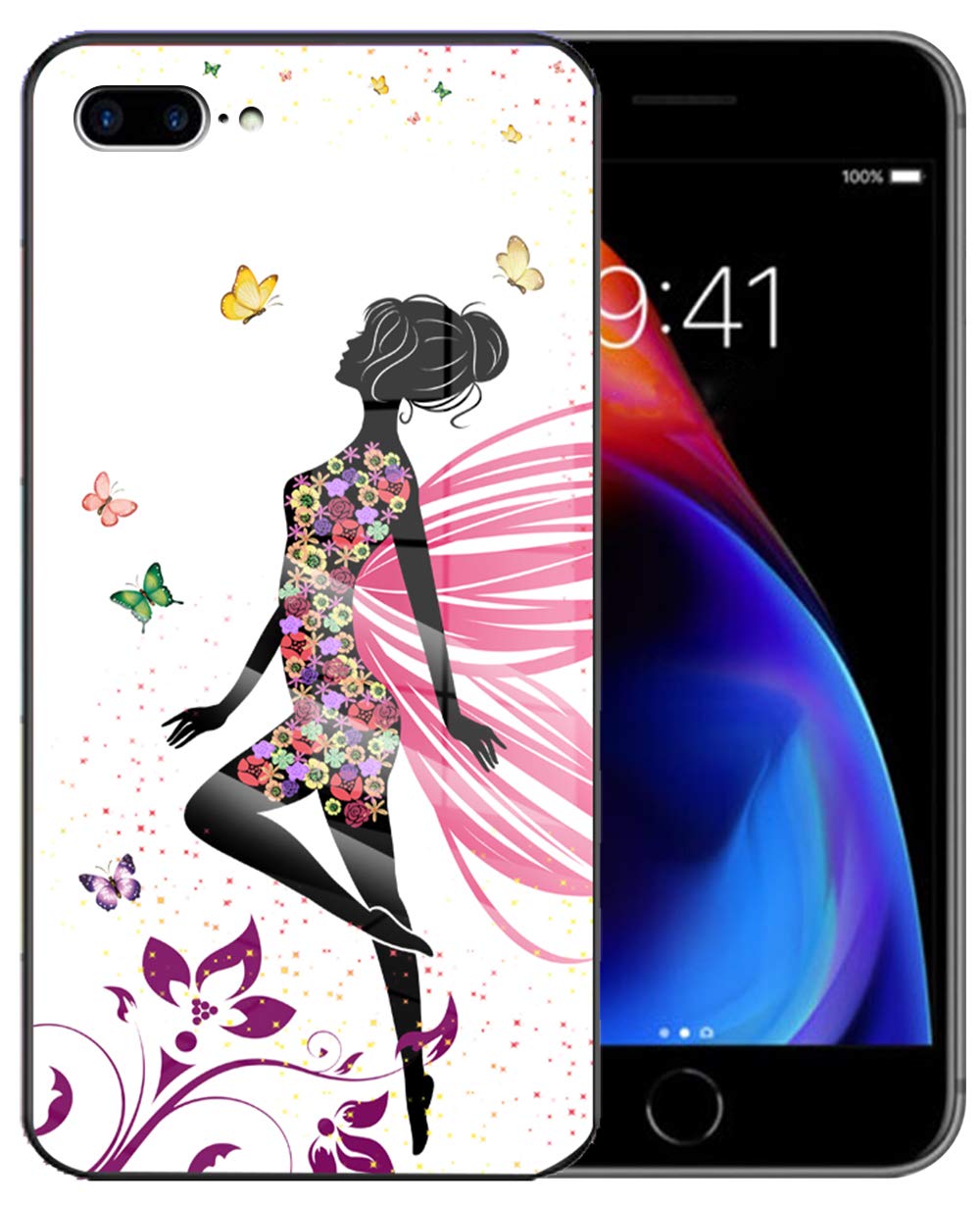 IvachellButtefly Floral iphone8plus case iphone7plus Compatible with iPhone 7 8 Plus 7plus 8plus i7plus i8plus Tempered Glass Cover Cute for Women and Girl (5.5 inch)