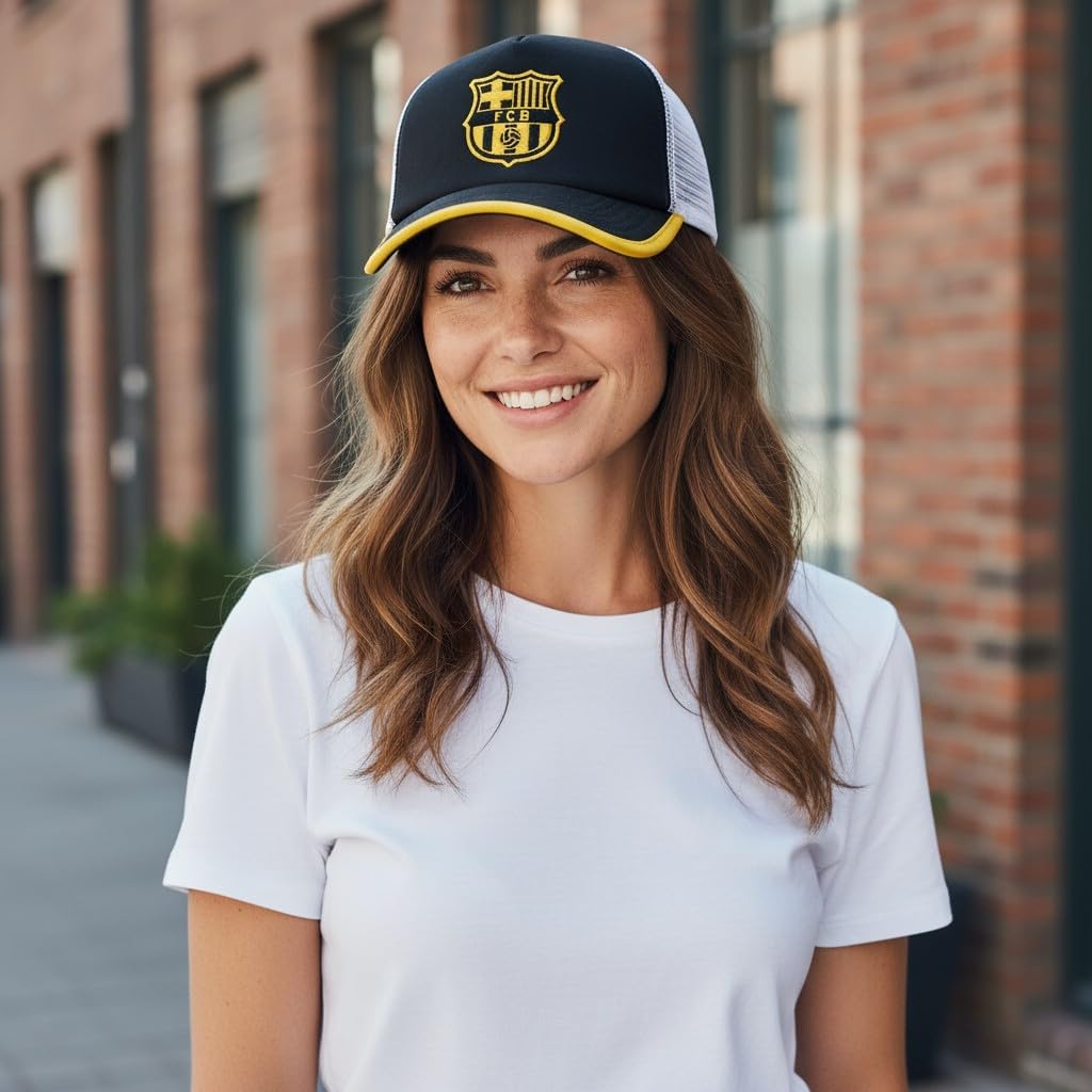 Fan Ink FC Barcelona One8th Strike Trucker Hat – Official Licensed Soccer Cap with Customizable Patch, Adjustable Snapback, Mesh Back, and Curved Peak – Premium Fanwear