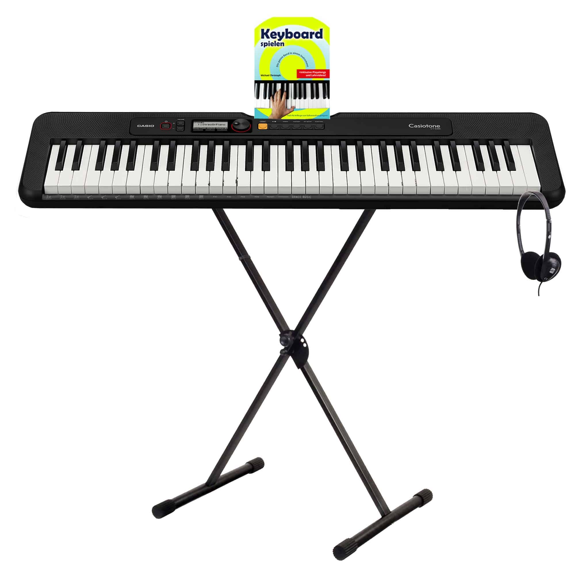 Casio CT-S200 BK Keyboard Starter Set (nowoczesna klawiatura z 61 klawiszami, w tym stojak na keyboard X, słuchawki i szkoła keyboardu) czarny