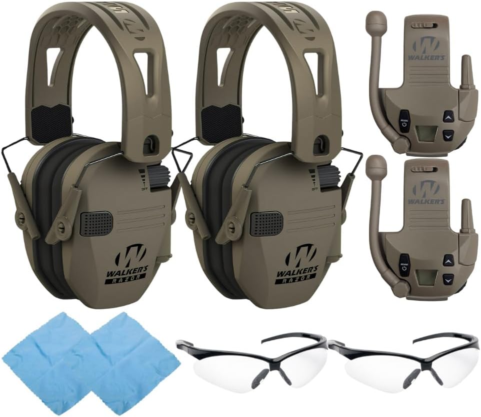Walker's Razor Tacti-Grip with FDE Rubber Headband (Flat Dark Earth) (2-Pack) Bundle with Walkie Attachment (Flat Dark Earth) (2-Pack), Glasses (Clear) (2-Pack), and Cleaning Cloth (2-Pack) (8 Items)