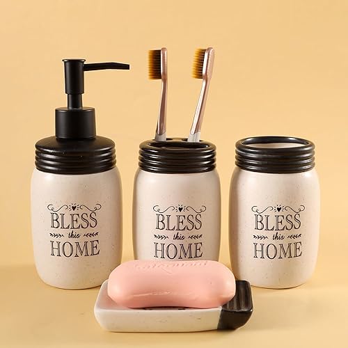 Miniatura 4 de Juego de accesorios de baño de granja, dispensador de jabón de cerámica con tarro de masón, juego de 4 piezas Bless This Home (bendice este hogar)