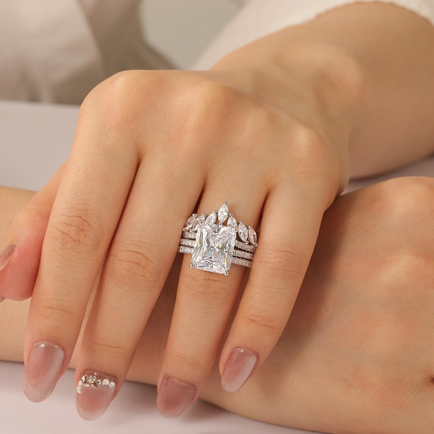 Jeulia 3PCS Radiant Cut Wedding Ring Sets for Women, Gorgeous S925 Silver 9.3ct Diamond Engagement Bridal Set Romantic Anniversary Promise Gift with Jewelry Box