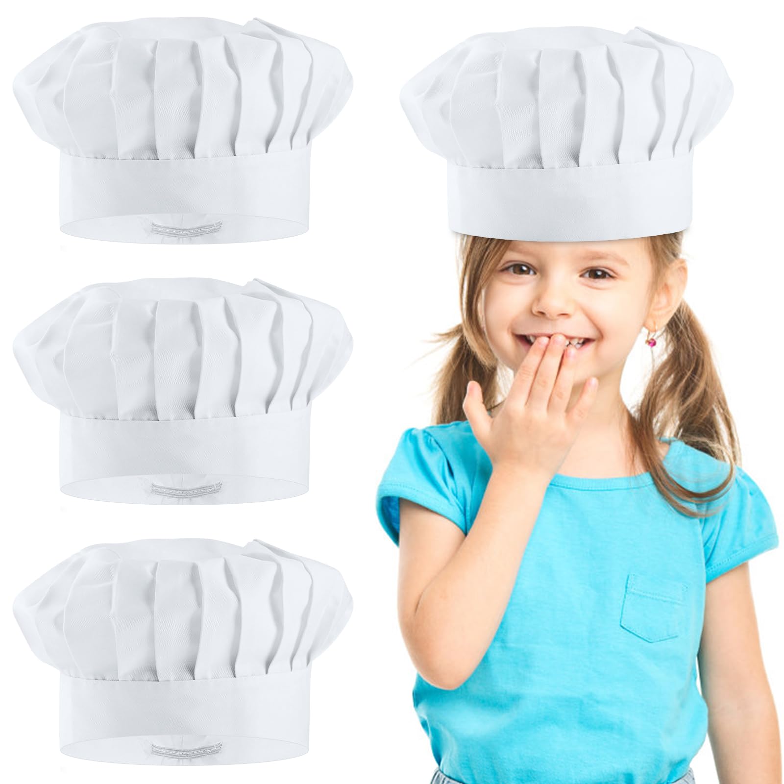 Toques de cuisinier pour enfants, lot de 3, blanches, coton élastique, réglables