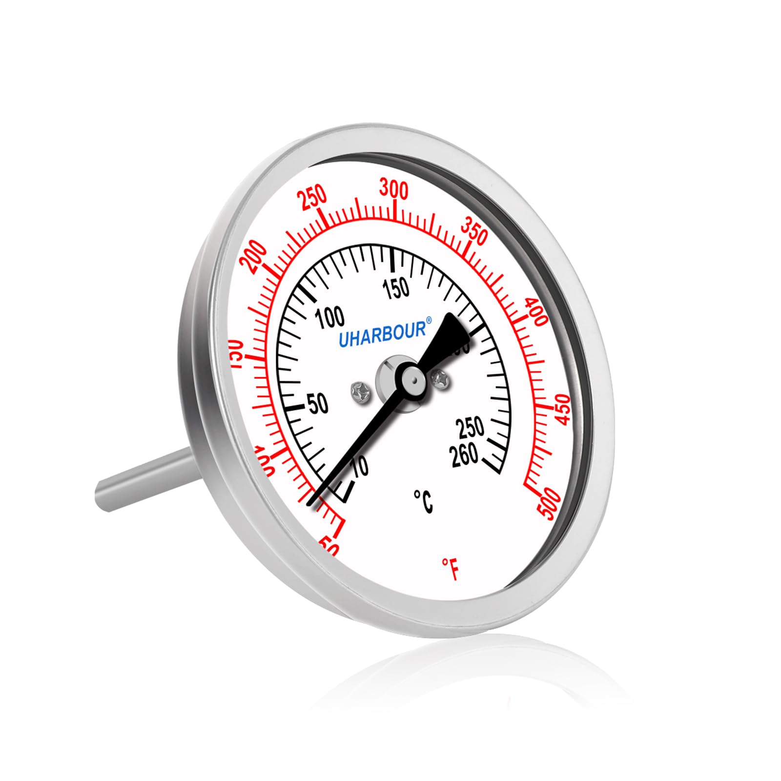 3" Dial Oil Thermometer for Frying, Fully StainlessSteel Deep Fry Thermometer, 4" Stainless Steel Stem, 50 to 500°F, 1/2" NPT Back Mount