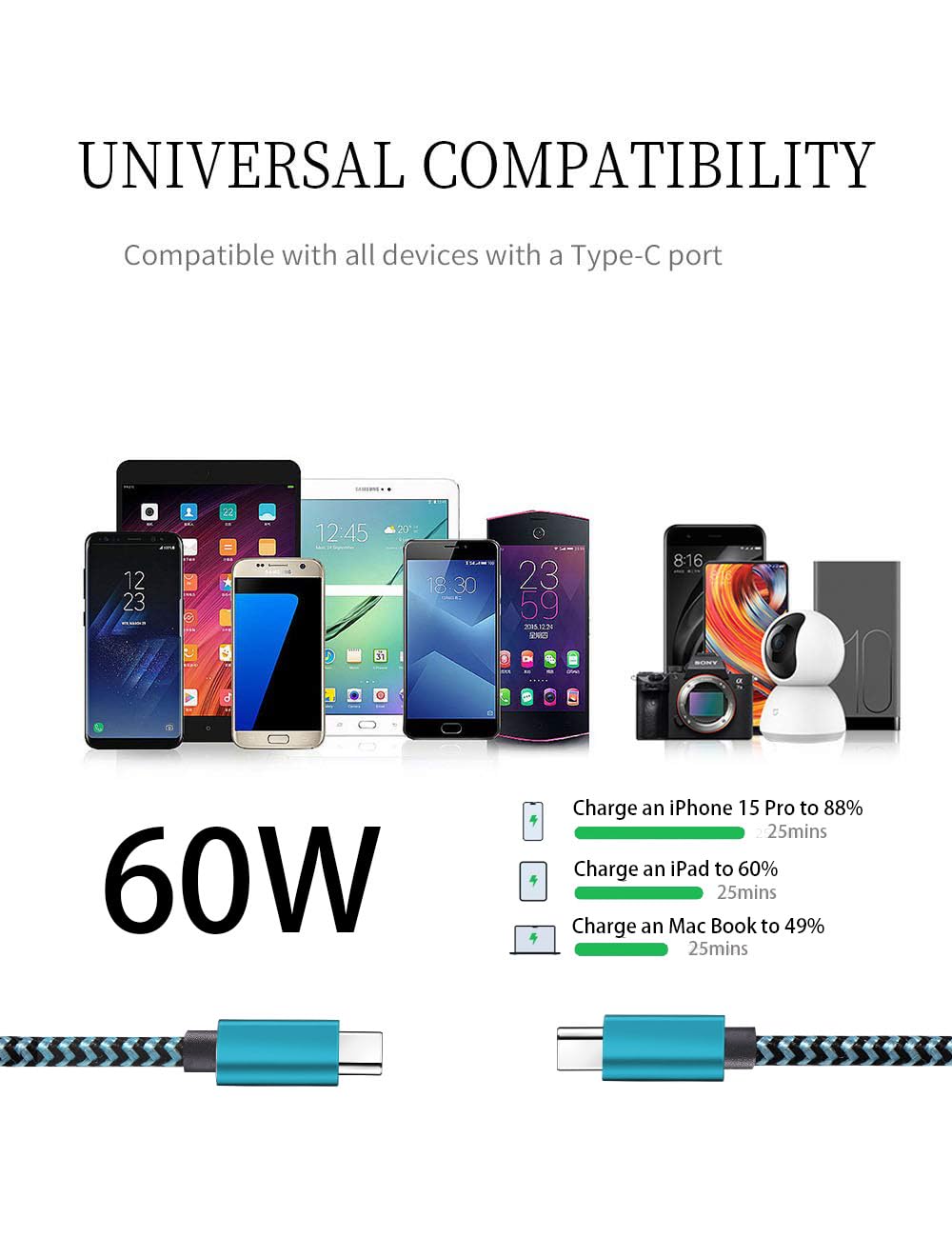 Teeind Tpc002 - Cavo USB tipo C, confezione da 5 (2 m) da USB A a tipo C, cavo intrecciato in nylon, compatibile con Galaxy S10, S10E, S9, S8, S20 Plus, Note 20, 10, 9, 8 e altri caricabatterie USB C