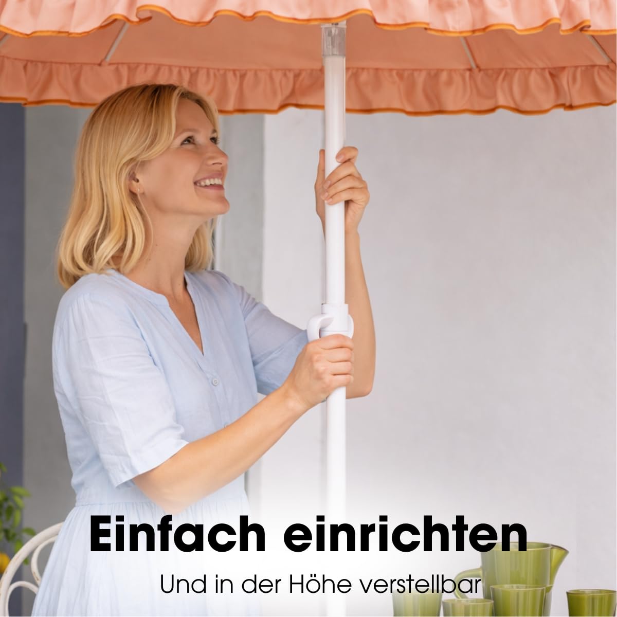 Mica Decoration Neigbarer Sonnenschirm mit Rüschen - Stockschirm 238 x Ø195 cm - Garten oder Balkon Sonnenschutz - Polyester, Stahl - Pfirsich