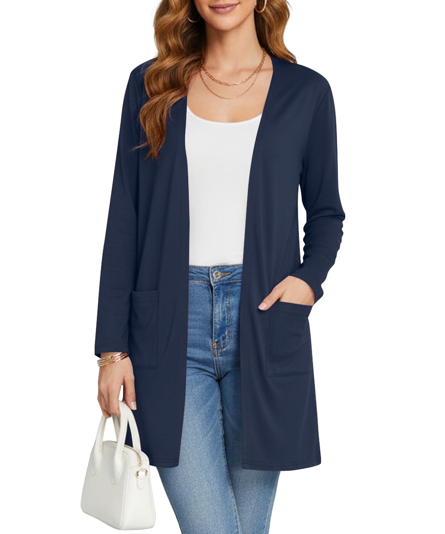 Photo 1 of KUOTAI Womens Cardigan Lightweight Open Front Long Sleeve Cardigans with Pockets Casual Layering, Navy Blue, Large