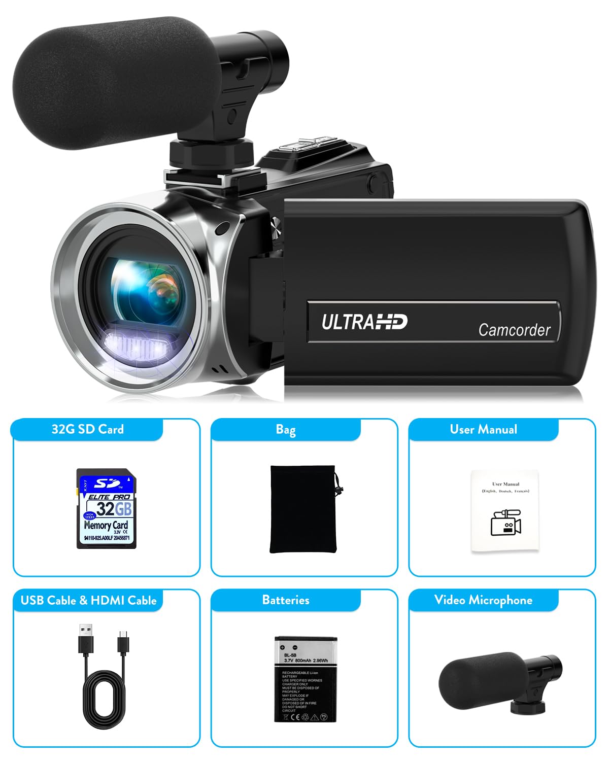 Videocamera FHD 2.7K 36MP Vlogging Camera per YouTube Videoregistratore 3 pollici 270 gradi di rotazione dello schermo Videocamere per le riprese con microfono, scheda SD da 32 GB e 2 batterie