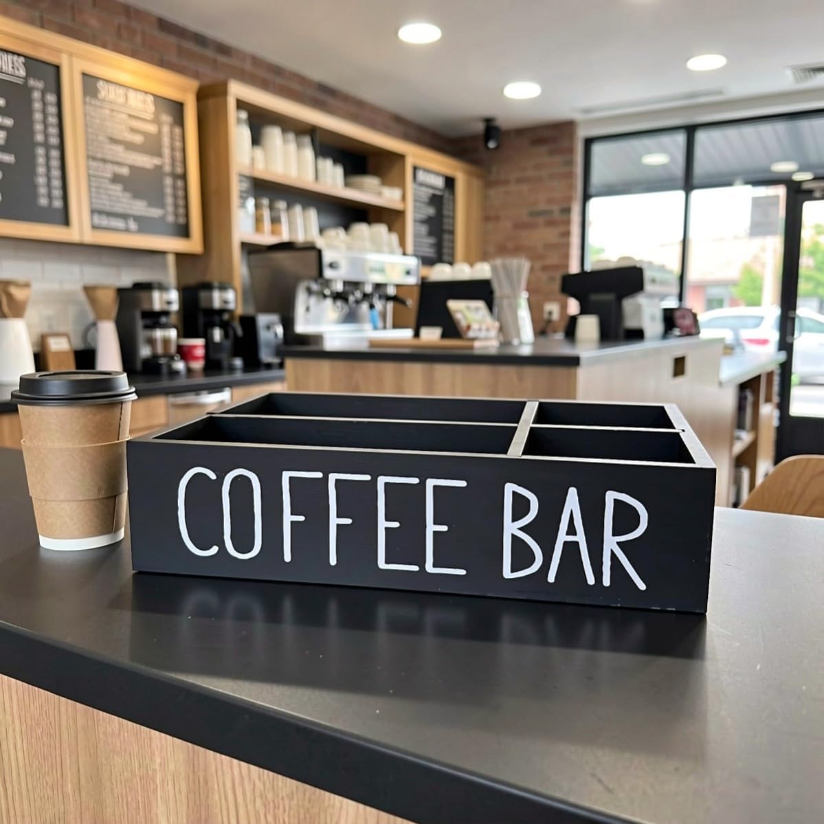 Amosfun 2pcs Coffee Station Wooden Organizer Box with Dividers Black