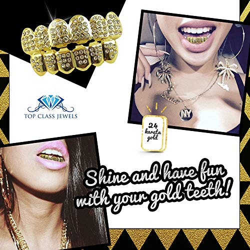 24K Plated Joker Gold Grillz for Mouth Top Bottom Hip Hop Teeth Grills for Teeth Mouth + 2 Extra Molding Bars + Microfiber Cloth (Gold CZ)
