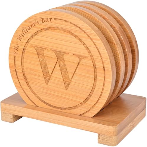 Miniatura 8 de Posavasos de bambú personalizados, posavasos de monograma grabados personalizados con soporte, grandes regalos para familiares, amigos o para ti