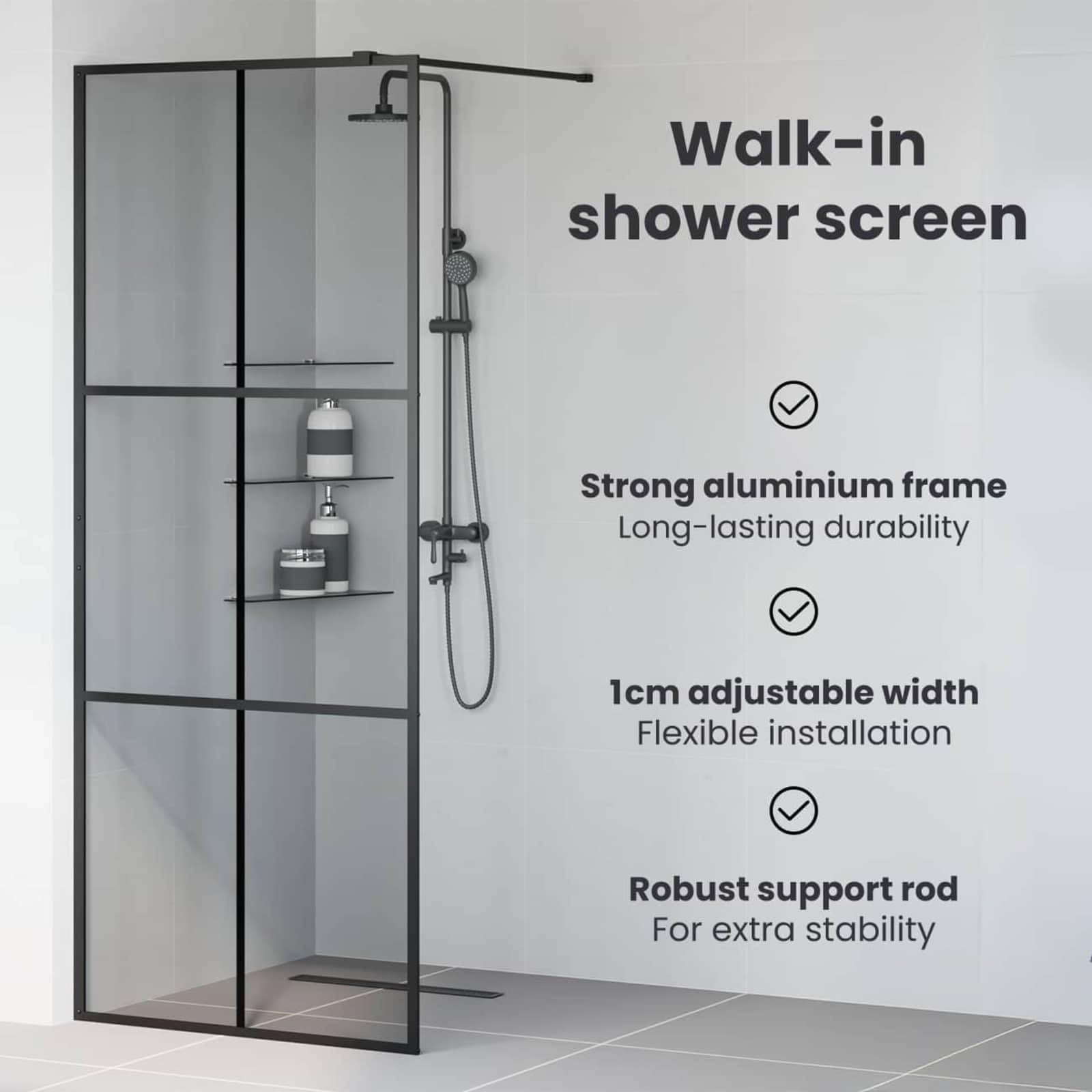 vidaXL Walk-in - Mampara de ducha (cristal templado, 100 x 195 cm), color negro